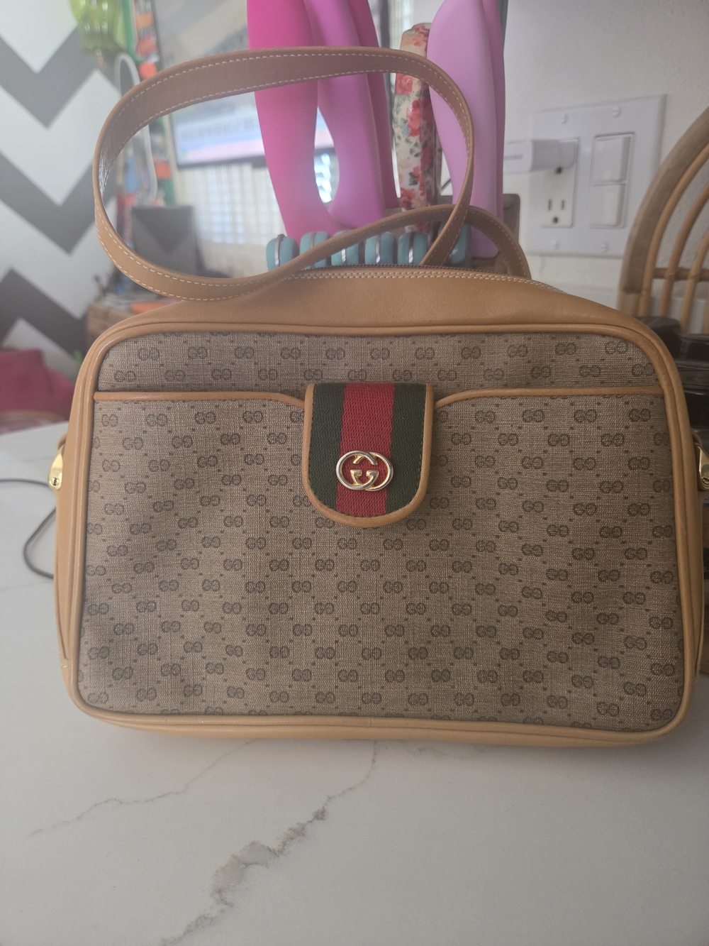 Designer-Inspired Brown Crossbody Bag with Red & Green Accent